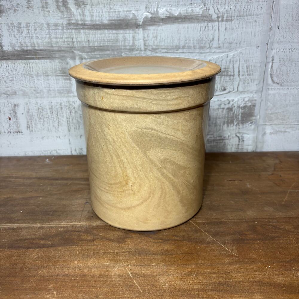 Vintage Lidded Stoneware Crock with Tan Swirl Design